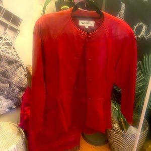 GENUINE LEATHER Red Peplum jacket! High front low back with padded shoulders!